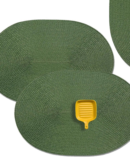 Set of 6 Oval Green Placemats – 18" x 12" Washable Woven Vinyl, Heat-Resistant, Non-Slip Table Mats for Dining Table