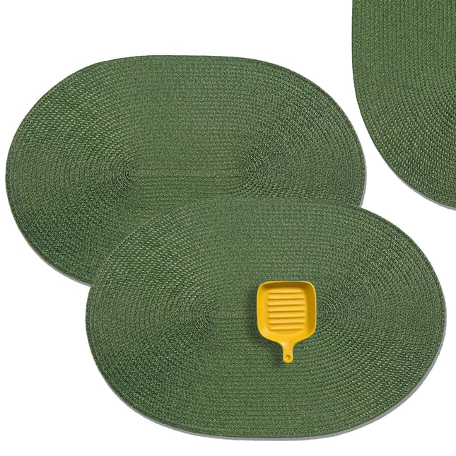 Set of 6 Oval Green Placemats – 18" x 12" Washable Woven Vinyl, Heat-Resistant, Non-Slip Table Mats for Dining Table