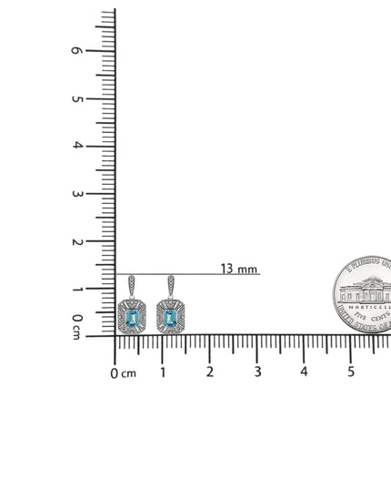 .925 Sterling Silver 7x5MM Emerald Shape Blue Topaz and Diamond Accent Art Deco Halo Style Drop and Dangle Earrings (I-J Color, I1-I2 Clarity)