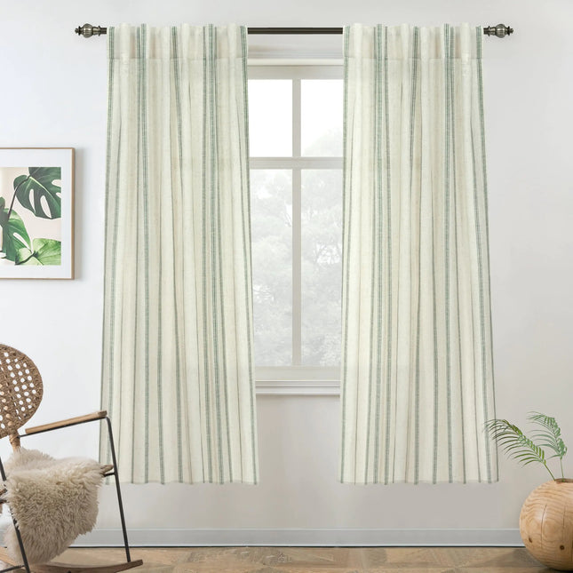 DriftAway Linen Blend Vertical Striped Curtains, 63", 2 Panels – Light Filtering, Farmhouse Style, Loden Green
