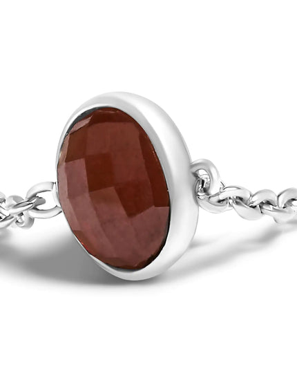 .925 Sterling Silver Checkerboard Cut Red Garnet Bezel Station Necklace - 22" Inches