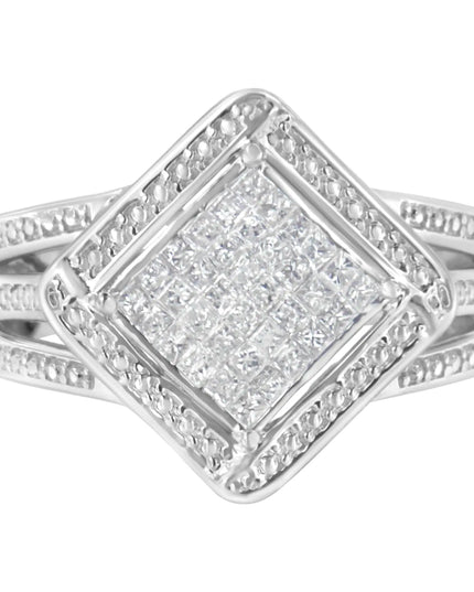 .925 Sterling Silver 2/5 Cttw Princess Cut Diamond Square On Point Cluster Composite Cocktail Ring (H-I Color, SI1-SI2 Clarity)