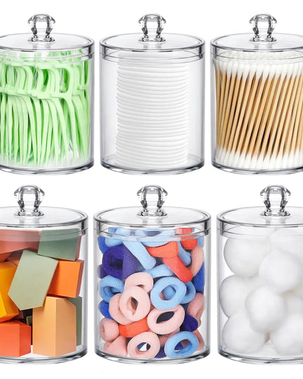 Qtip Holder Dispenser Set of 6 – Bathroom Storage Containers with Lids for Cotton Swabs, Pads, Balls, and Makeup Accessories
