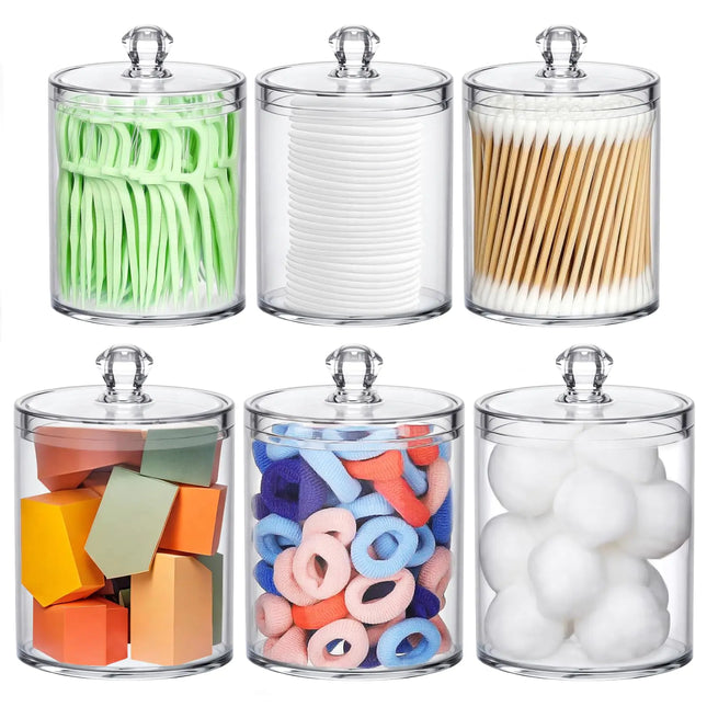 Qtip Holder Dispenser Set of 6 – Bathroom Storage Containers with Lids for Cotton Swabs, Pads, Balls, and Makeup Accessories