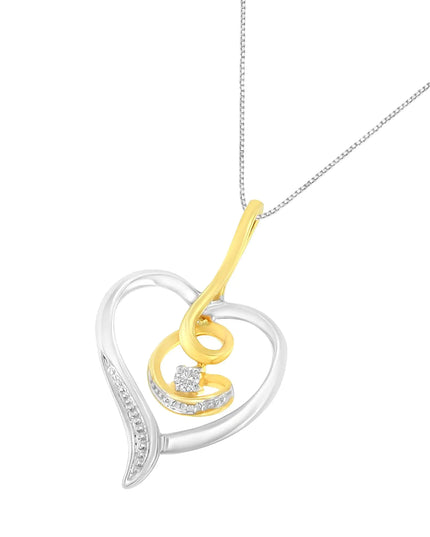 Espira 10K Two-Tone Yellow & White Gold .03 Cttw Diamond-Accented Round-Cut Diamond Swirl Open Heart 18" Pendant Necklace (I-J Color, I2-I3 Clarity)