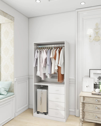 White Wooden Closet System – Standalone Wardrobe with 4 Drawers, Hanging Rod, 31.5"W × 15.7"D × 70.8"H
