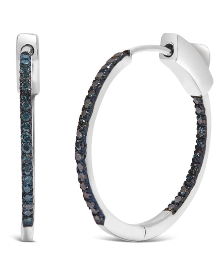 .925 Sterling Silver 1/3 Cttw Inside Out Blue Treated Diamond 1MM Wide Hoop Earrings (Blue Color, I2-I3 Clarity)