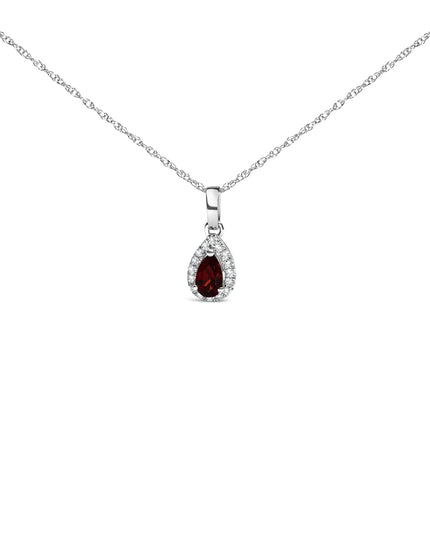 10K White Gold 5x3mm Gemstone and Diamond Accent Halo Pear Shape 18" Pendant Necklace (I-J Color, I1-I2 Clarity)