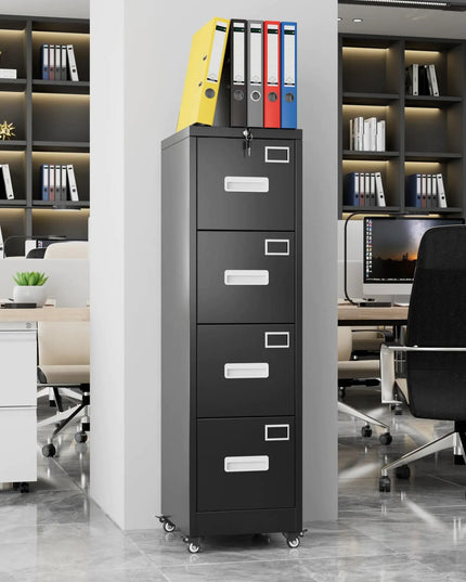 4-drawer Vertical File Cabinet On Wheels, Lockable Storage, Handle, Name Card, Mobile Cabinet, Black