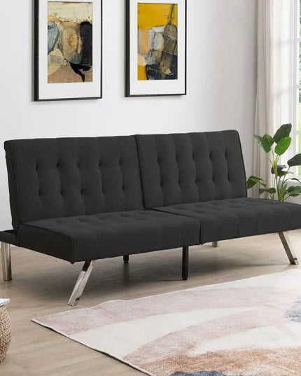 Wood Frame Stainless Leg Futon Sofa Bed Black