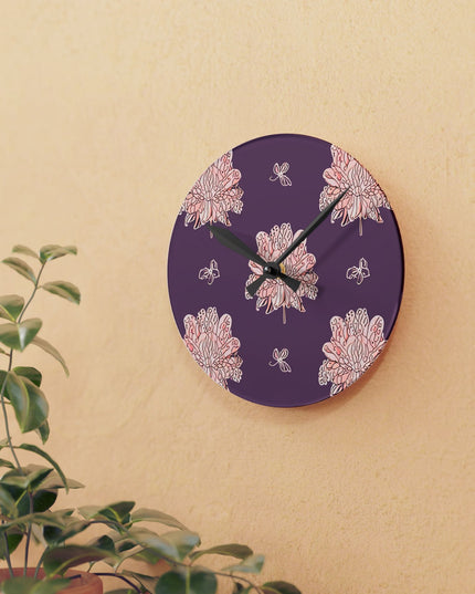 Pink Floral Butterflies Acrylic Round Wall Clock, 8" x 8"