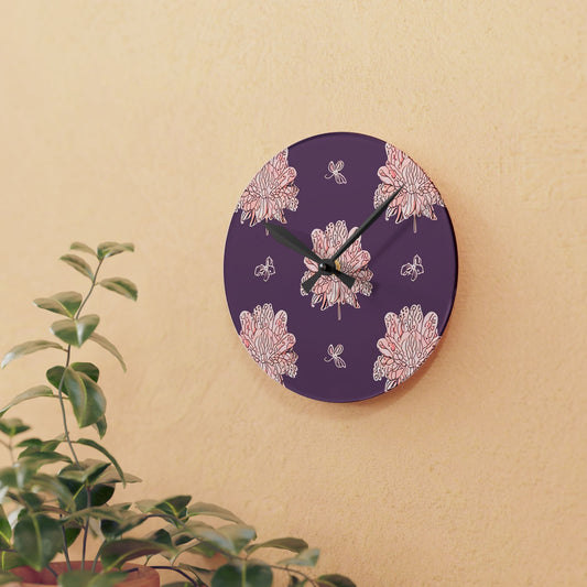 Pink Floral Butterflies Acrylic Round Wall Clock, 8" x 8"