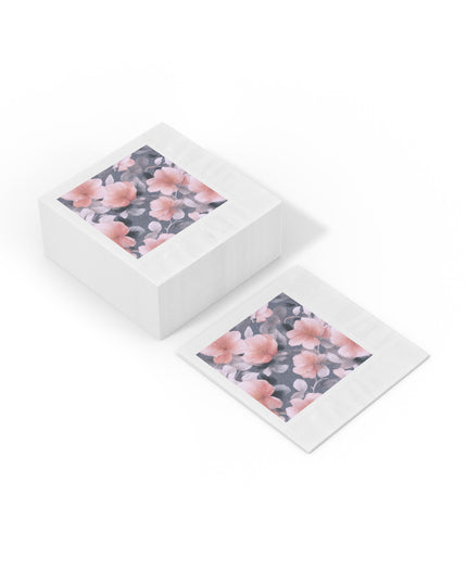 Peach and Blue Gray Floral Bunch White Coined Napkins, 6.5" x 6.5"