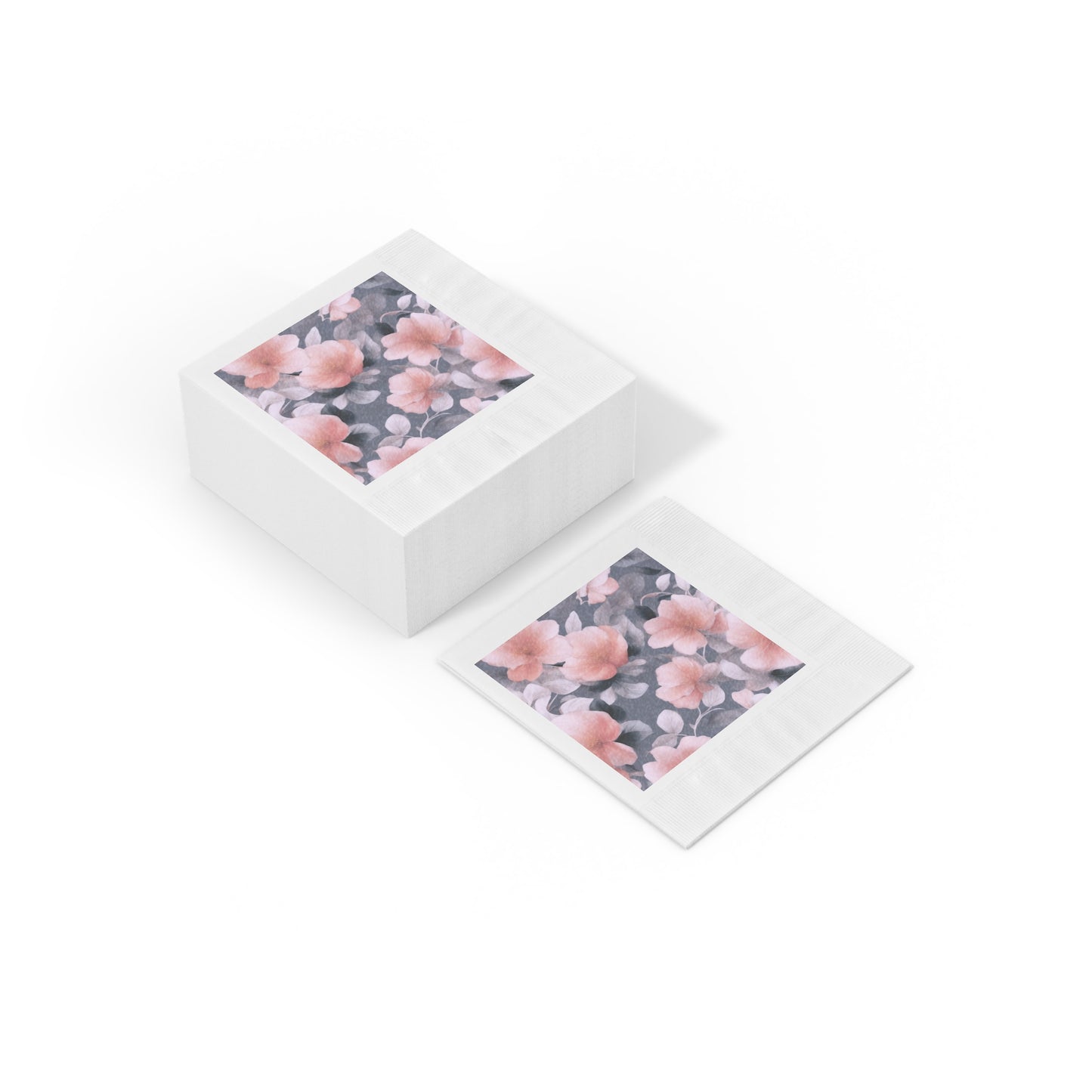 Peach and Blue Gray Floral Bunch White Coined Napkins, 6.5" x 6.5"