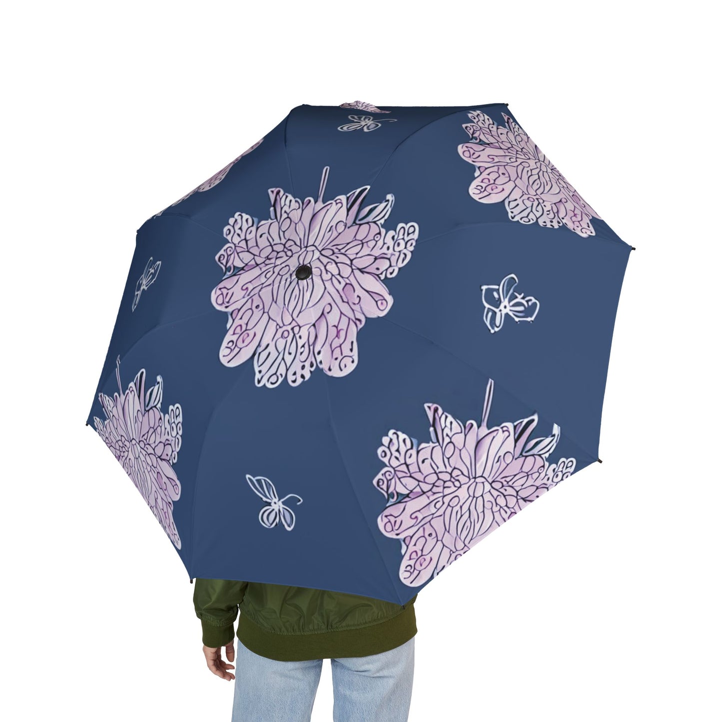 Purple White Floral Butterflies Foldable Umbrella - Compact & Chic