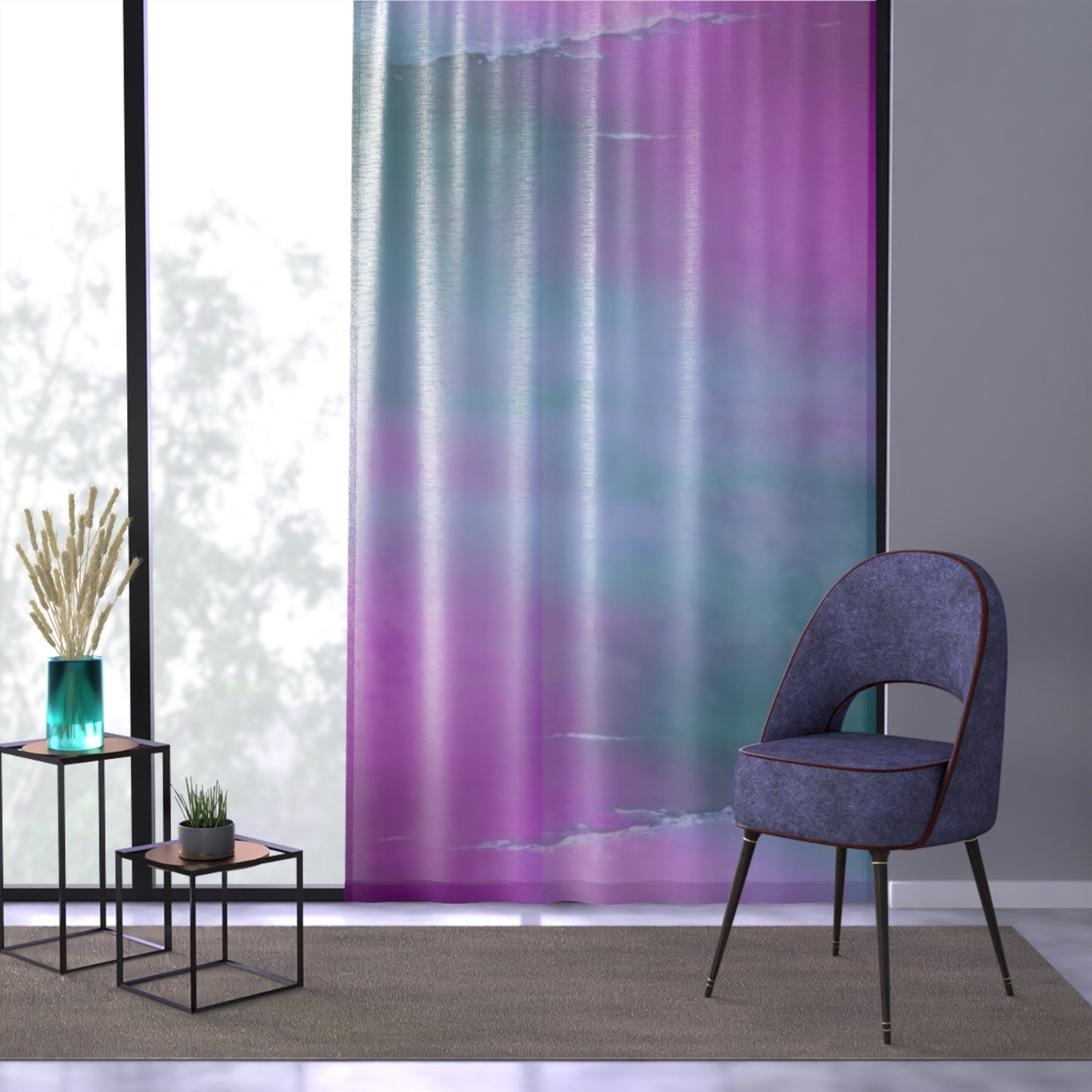 Dark Blue Green Sea Purple Fog Window Curtain, 50" x 84", partially transparent