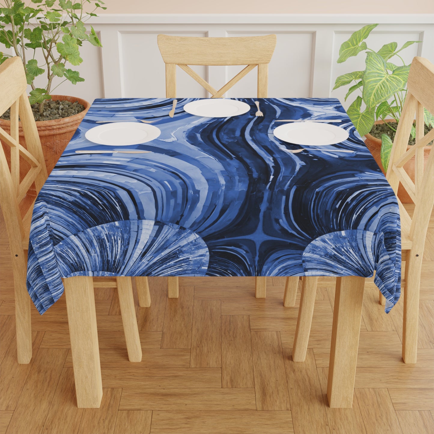 Uzi Spiral Deep Blue Tablecloth, 55" x 55"