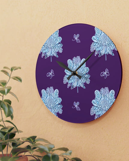 Blue Floral Butterflies Acrylic Wall Clock, Round or Square, 10.75" x 10.75"