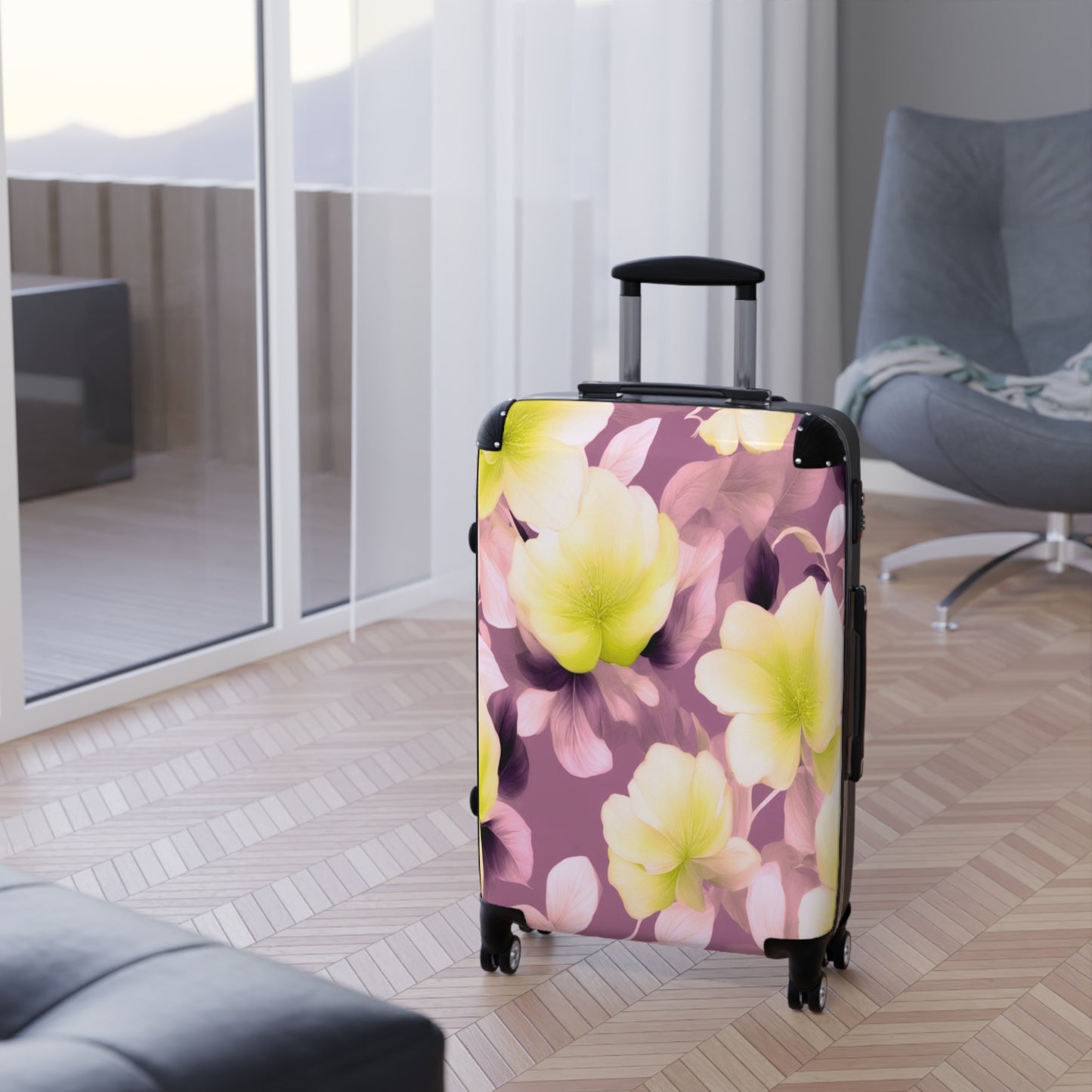 Lemon Blossom Floral Bunch Medium Suitcase with built in lock, 4 double-wheels, telescopic handle, and ABS back hard-shell