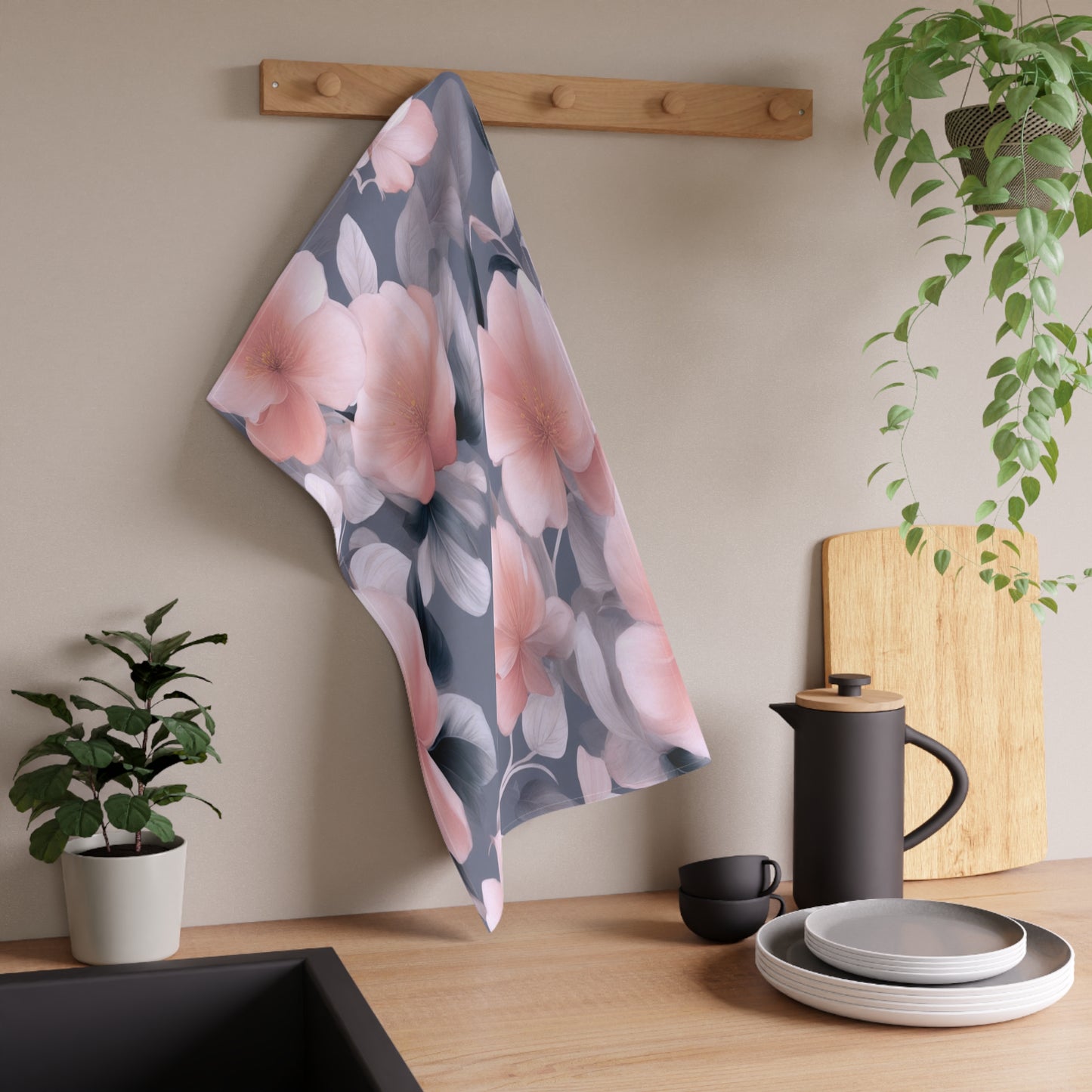 Peach and Blue Gray Floral Bunch Tea Towels (cotton, poly), 18" x "30