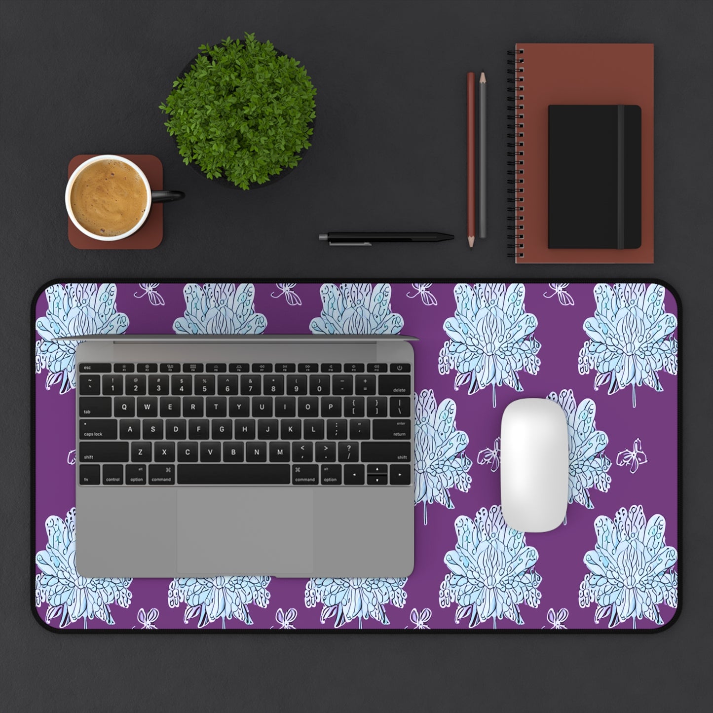 Blue Floral Butterflies 12" x 22" Desk Mat