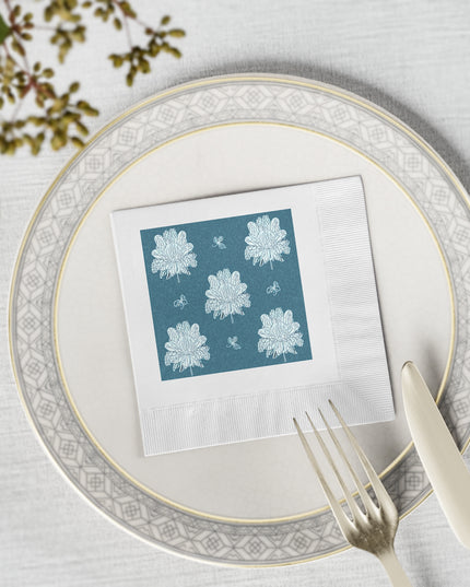 Tif Green White Floral Butterflies White Coined Napkins, 4.8" x 4.8"