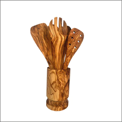 Olive Wood Kitchen Servers Set w/Holder - 6 Pcs