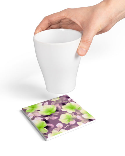 Lime Lavender Floral Bunch Square Ceramic Coaster, 4" x 4"