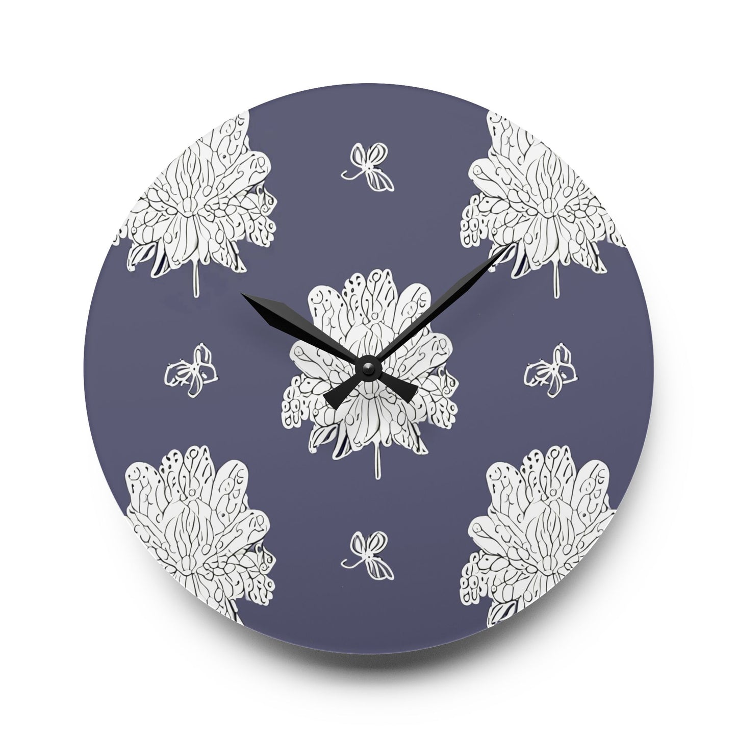 White Floral Butterflies Acrylic Wall Clock, Round or Square, 10.75" x 10.75"
