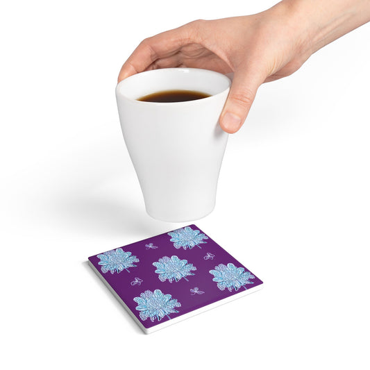 Blue Floral Butterflies 4" x 4" Square Ceramic Coaster