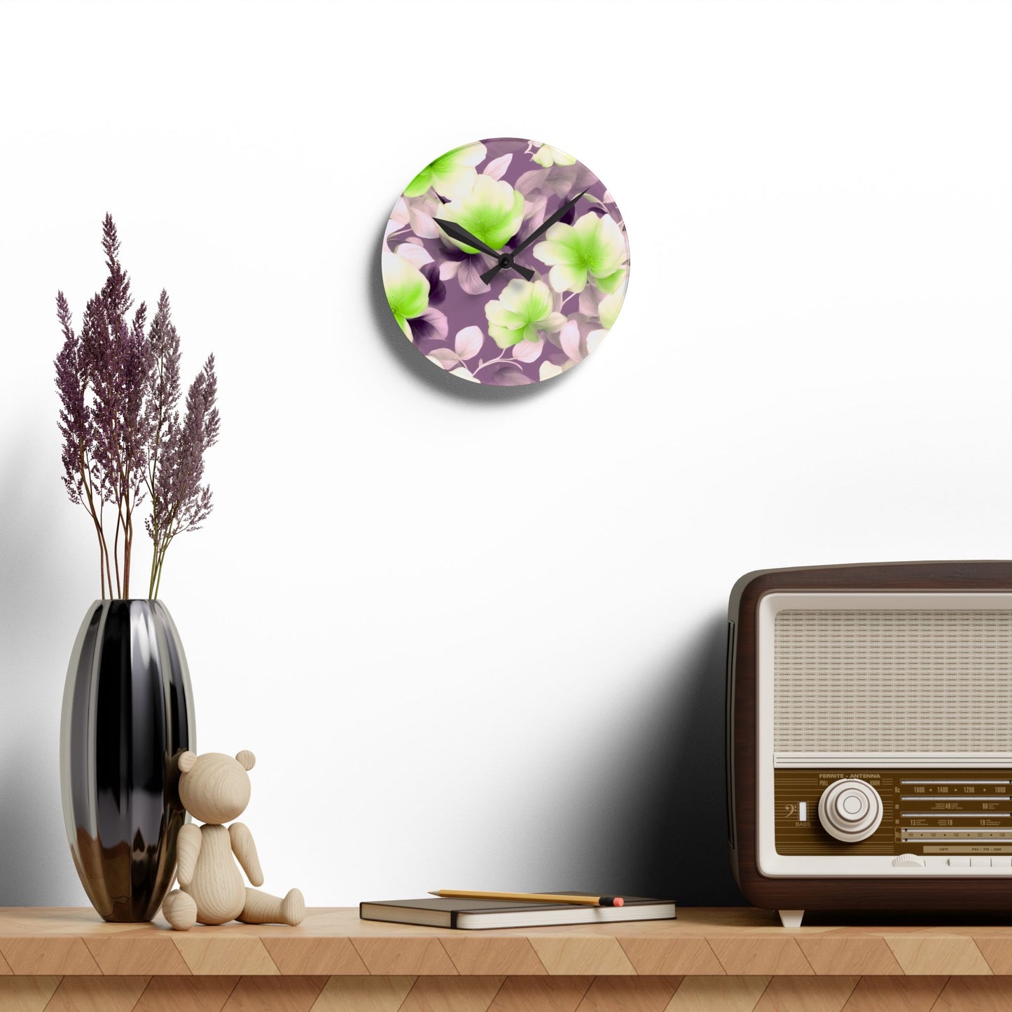 Lime Lavender Floral Bunch Acrylic Round Wall Clock, 8" x 8"