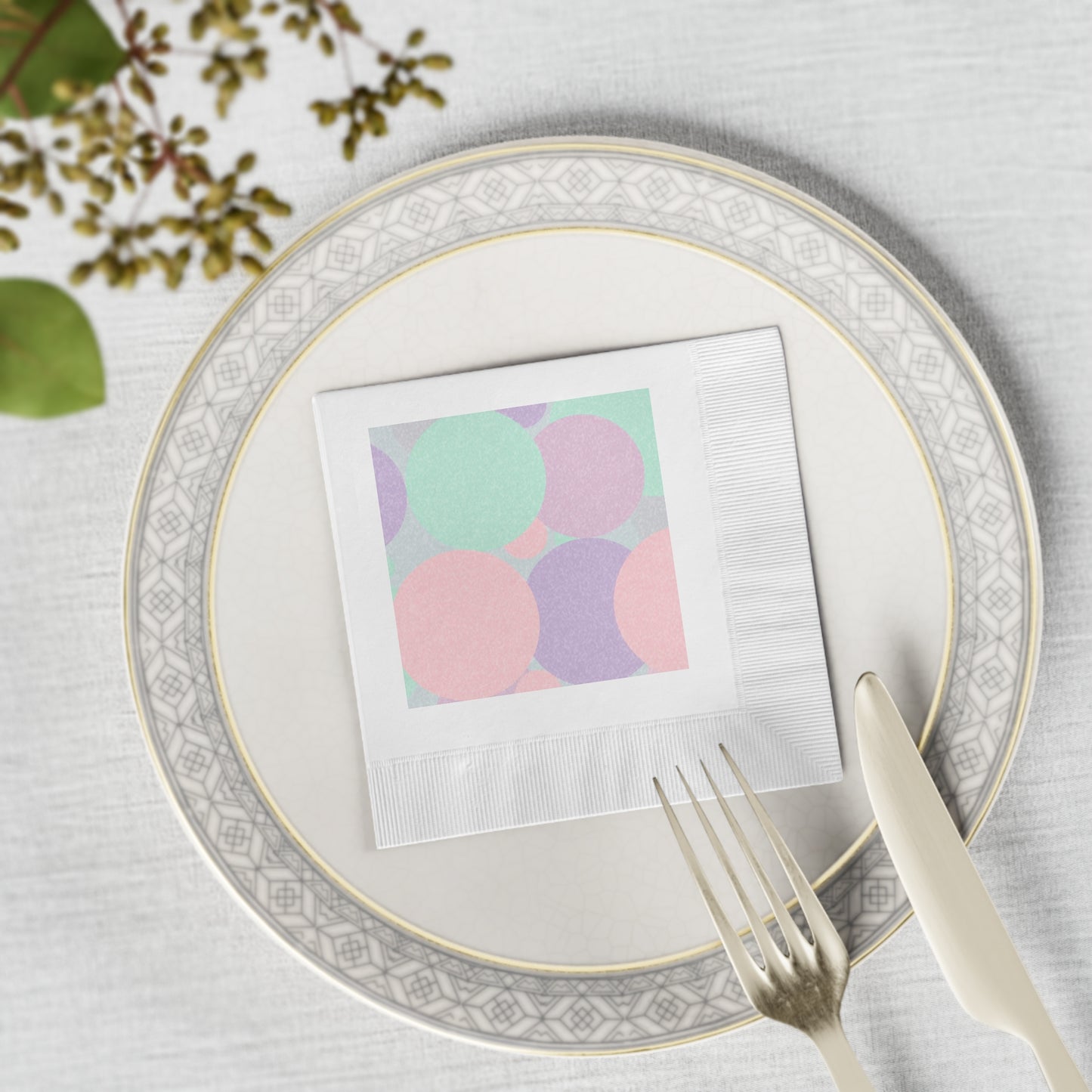 Pastel Peach and Soft Green Patches White Coined Napkins, 4.8" x 4.8"