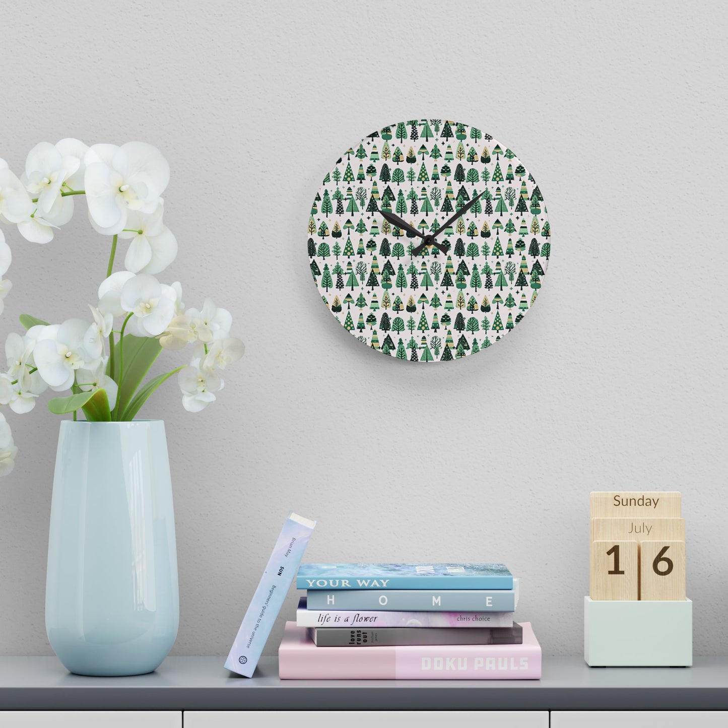 Mini Vintage Green Trees Acrylic Wall Clock, Round or Square, 10.75" x 10.75"