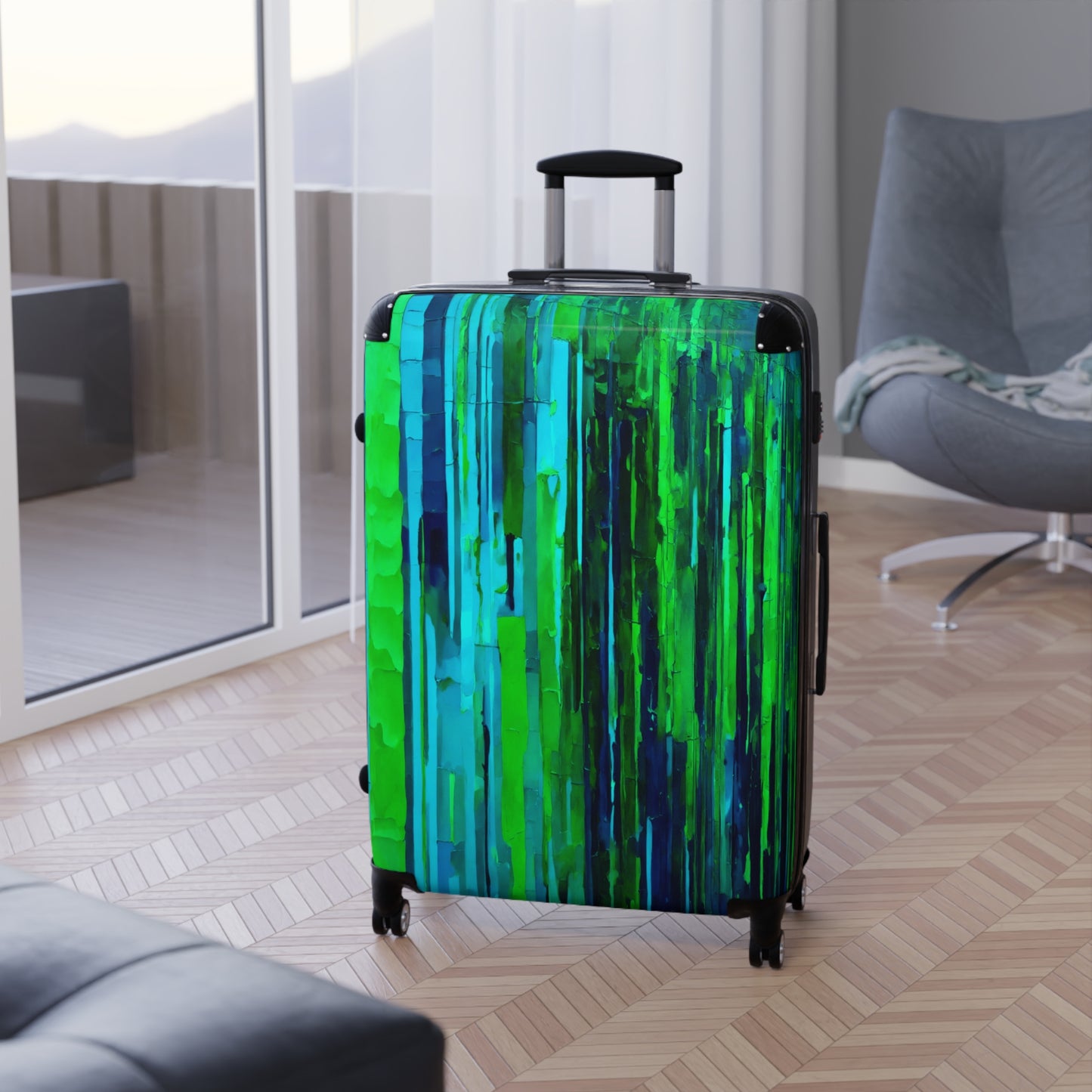 Striped Blue Green Large Suitcase with built in lock, 4 double-wheels, telescopic handle, and ABS back hard-shell