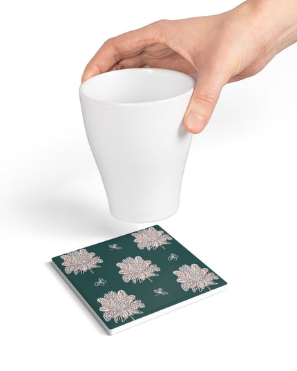 Soft White Floral Butterflies 4" x 4" Square Ceramic Coaster