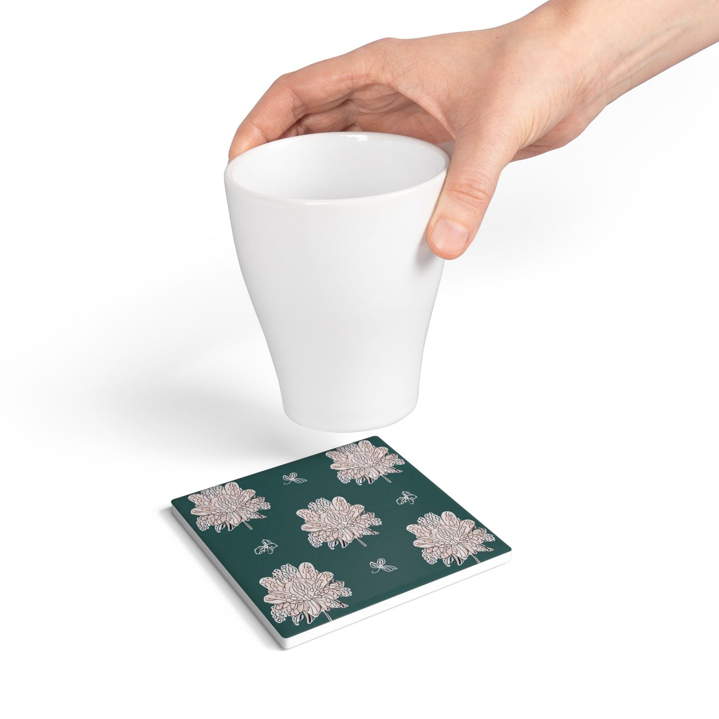 Soft White Floral Butterflies 4" x 4" Square Ceramic Coaster