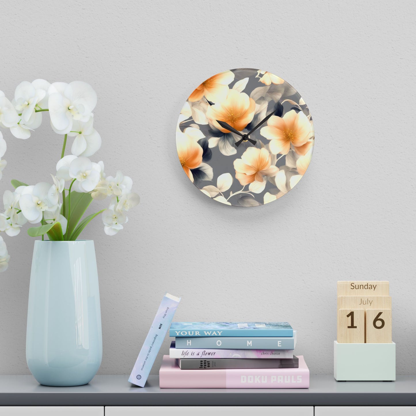 Soft Blossom Floral Bunch Acrylic Wall Clock, Round or Square, 10.75" x 10.75"