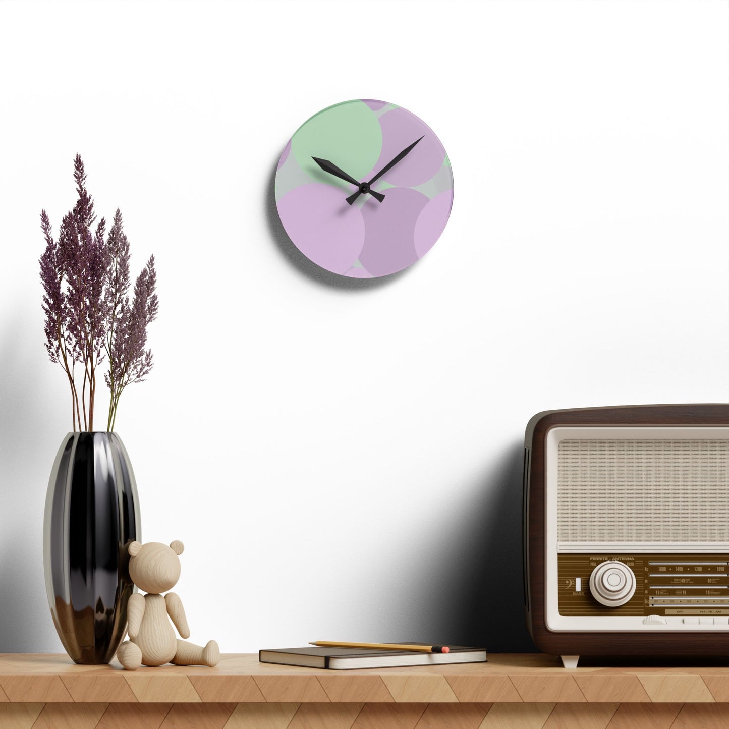 Pastel Lavender Purple and Soft Green Patches Acrylic Round Wall Clock, 8" x 8"