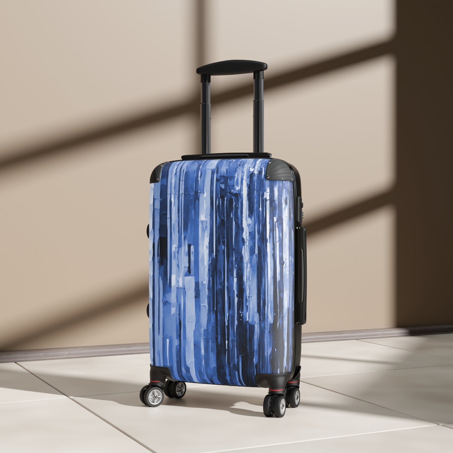 Striped Deep Blue Small Suitcase with built in lock, 4 double-wheels, telescopic handle, and ABS back hard-shell