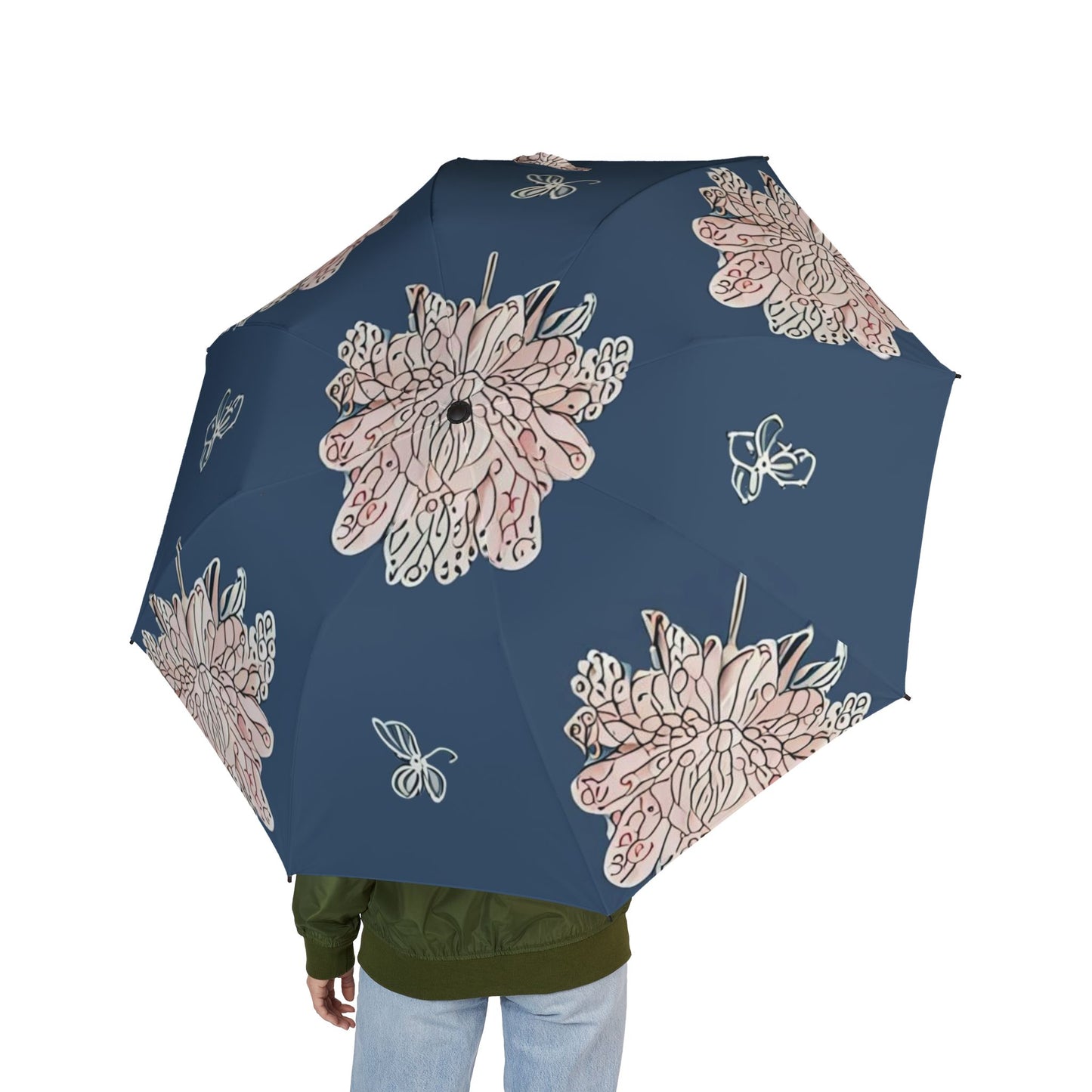 Rose White Floral Butterflies Foldable Umbrella - Compact & Chic