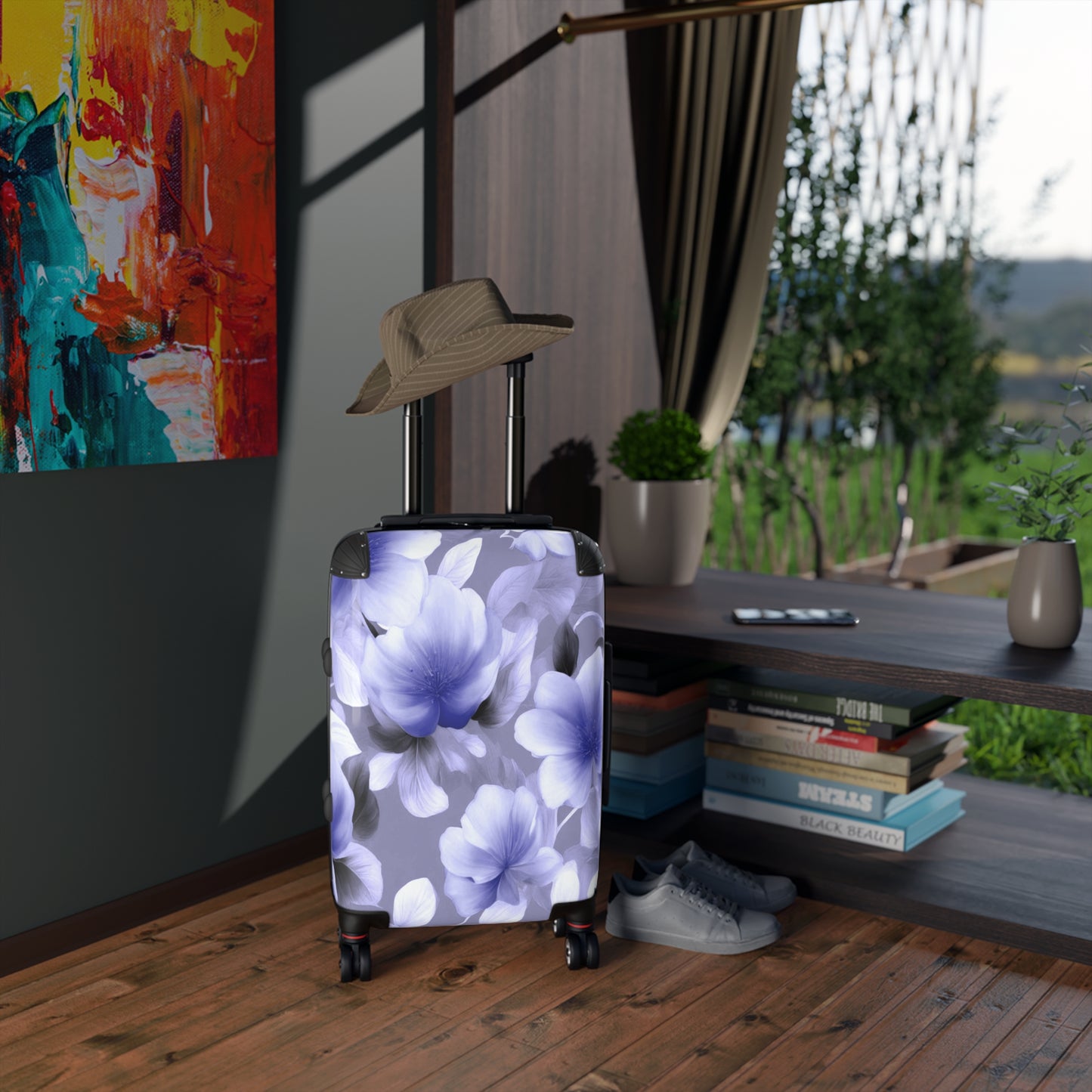 Indigo Blossom Floral Bunch Small Suitcase with built in lock, 4 double-wheels, telescopic handle, and ABS back hard-shell
