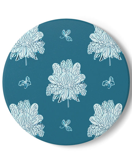 Tif Green White Floral Butterflies 4" x 4" Round Ceramic Coaster