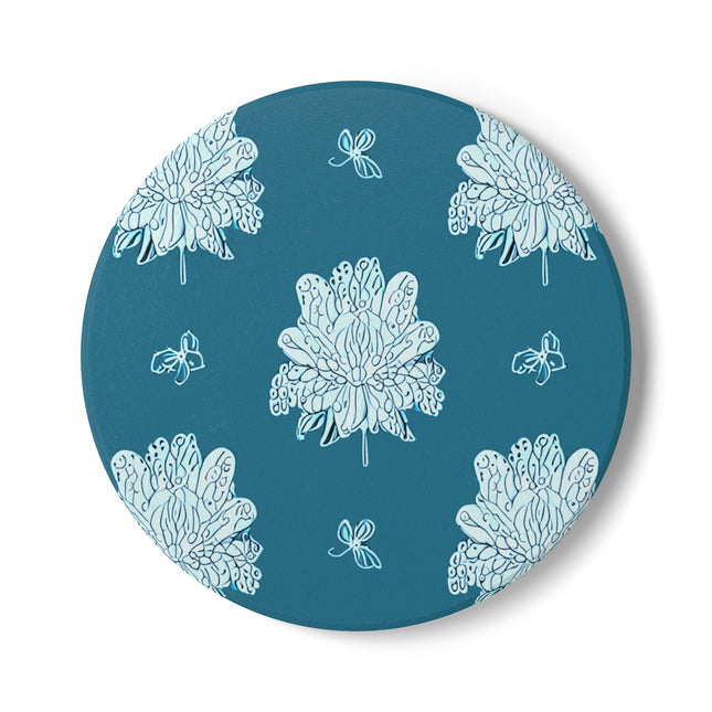 Tif Green White Floral Butterflies 4" x 4" Round Ceramic Coaster