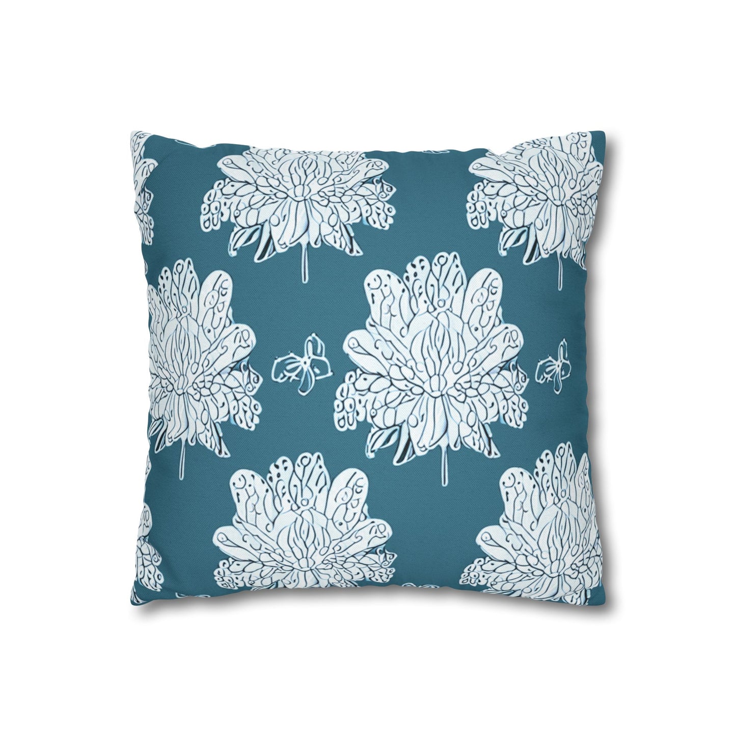 Tif Green White Floral Butterflies Spun Polyester Square Pillowcase, 14" x 14"
