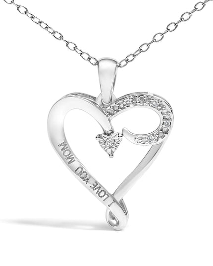 .925 Sterling Silver Diamond Accent "I LOVE YOU MOM" Heart Pendant Necklace (J-K Color, I2-I3 Clarity) - 18" Inches