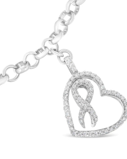 .925 Sterling Silver 1/4 Cttw Diamond-Accented Heart and Ribbon Charm 7" Link Chain Bracelet (H-I Color, I1-I2 Clarity)