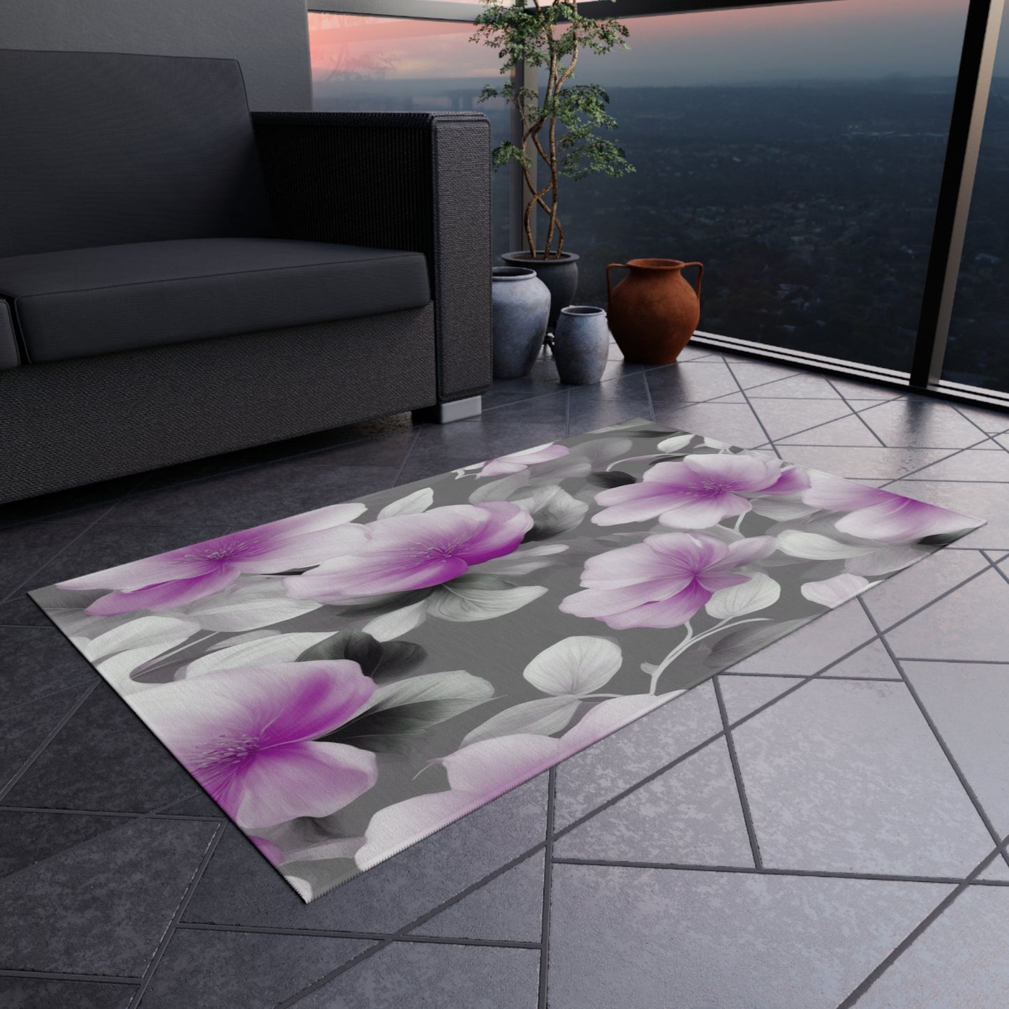 Purple Blossom Floral Bunch Outdoor Rug, 36" x 60"