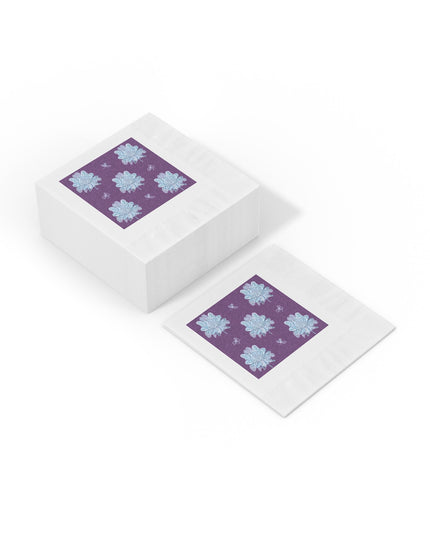 Blue Floral Butterflies White Coined Napkins, 4.8" x 4.8"