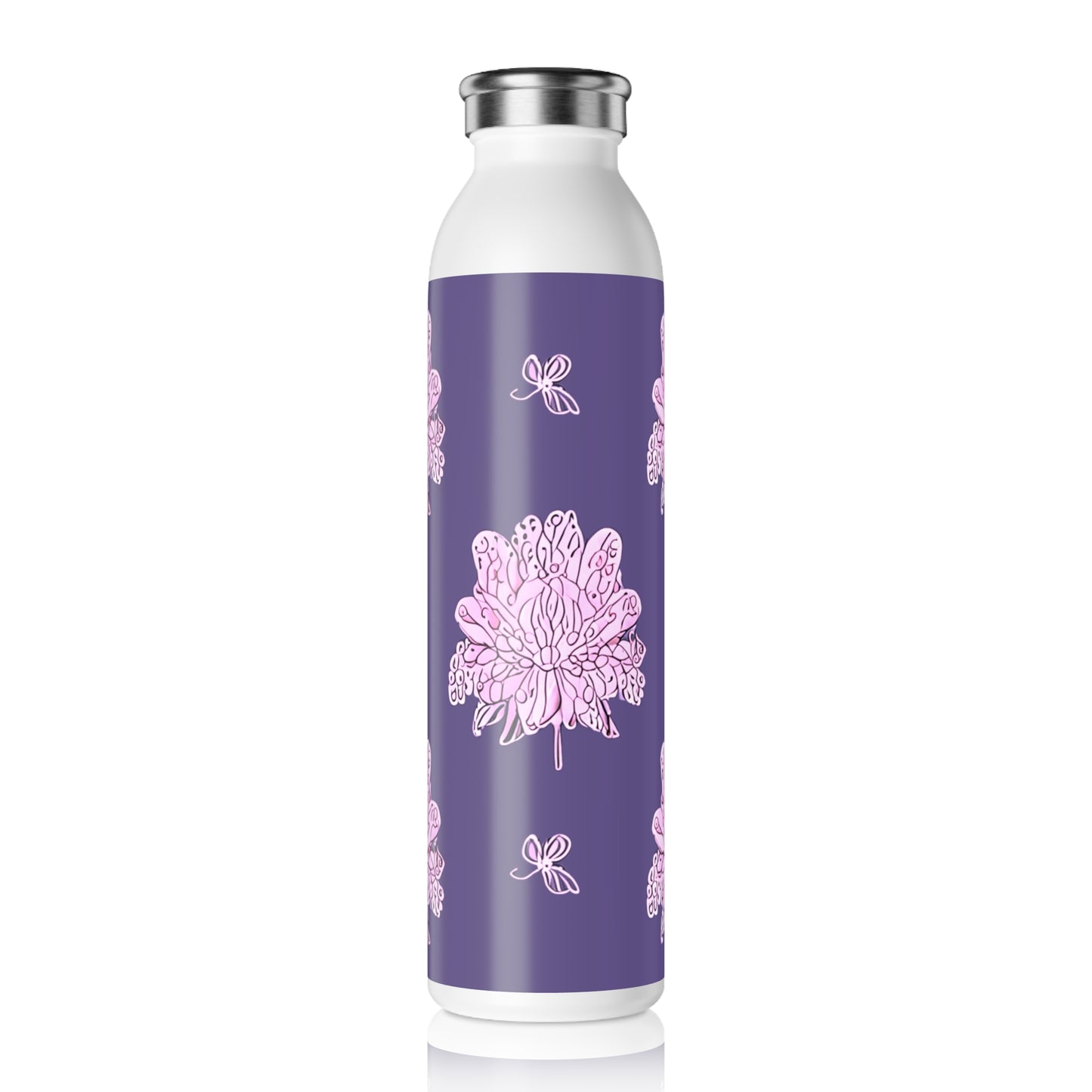Magenta Floral Butterflies Slim Water Bottle, 20 oz White