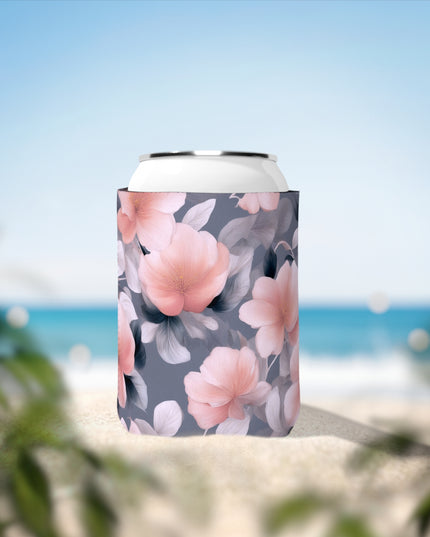 Peach and Blue Gray Floral Bunch 12 oz Can Cooler Sleeve
